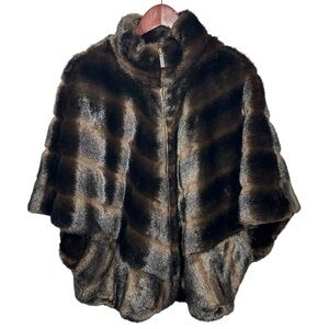 Jones New York Faux Fur Funnel Neck Cape Poncho Coat Sz M‎ Glam Animal Print Zip